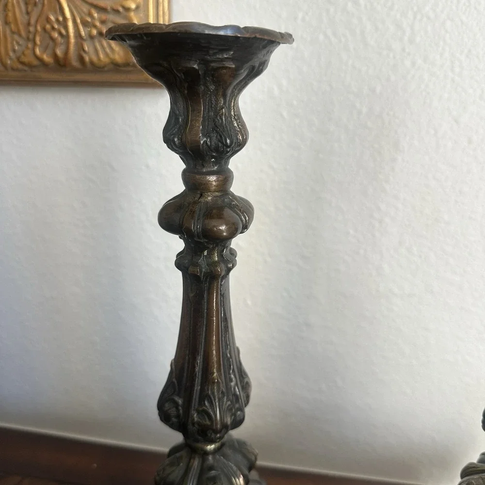 Antique Victorian Candlestick Pair 13 Inch‎ Baroque Footed Copper Bronze Gilt